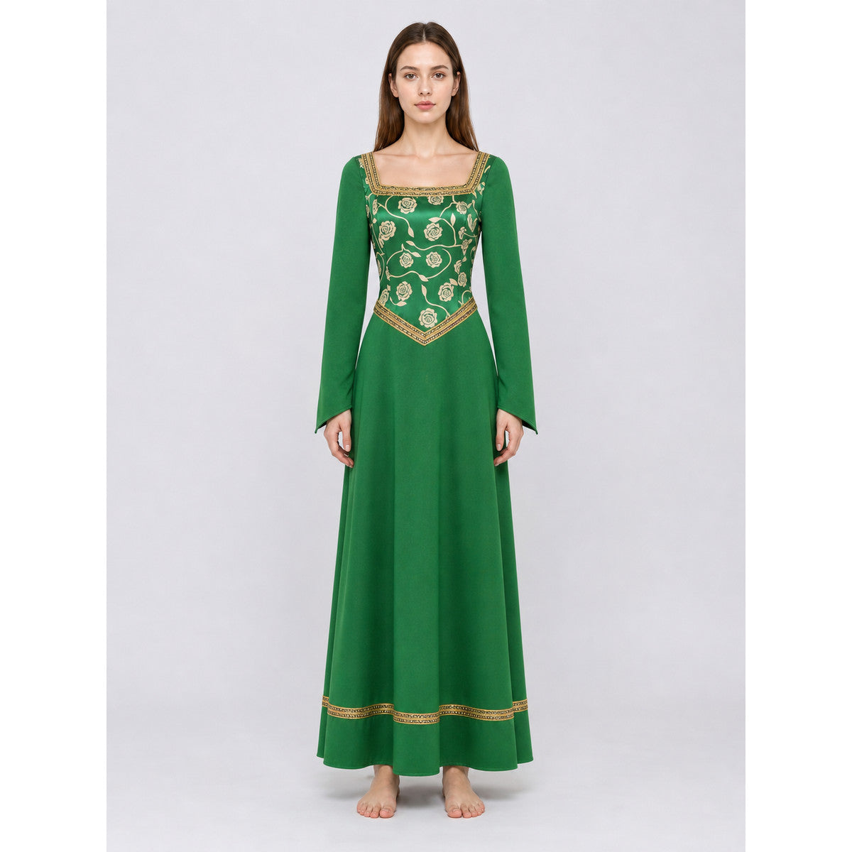 Green Dress with Gold Trim and Floral Pattern on-model view