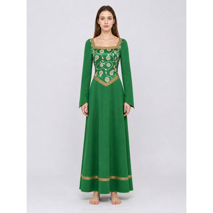 Green Dress with Gold Trim and Floral Pattern on-model view