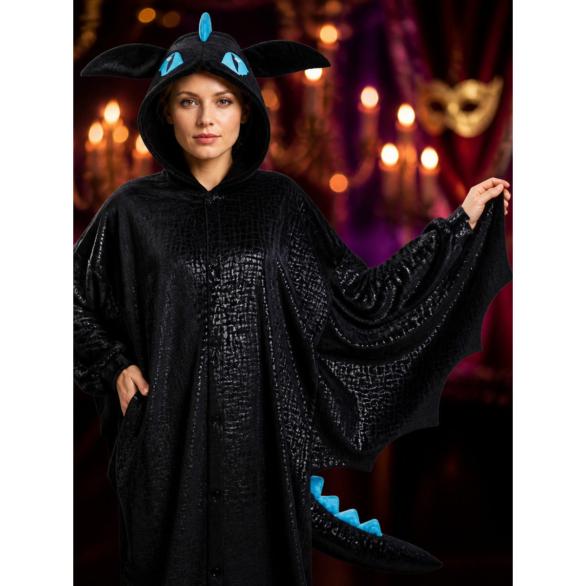 Dragon Hooded Jumpsuit Costume, Black with Blue Accents, Long Tail and on-model view