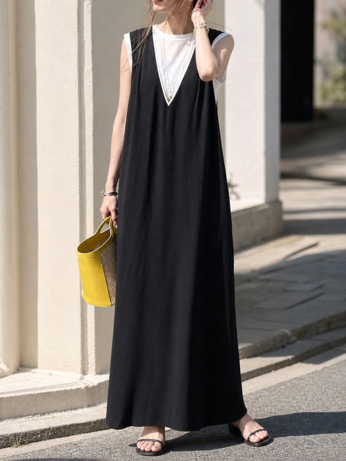 Long Black Sleeveless Dress with V-Neckline main product view