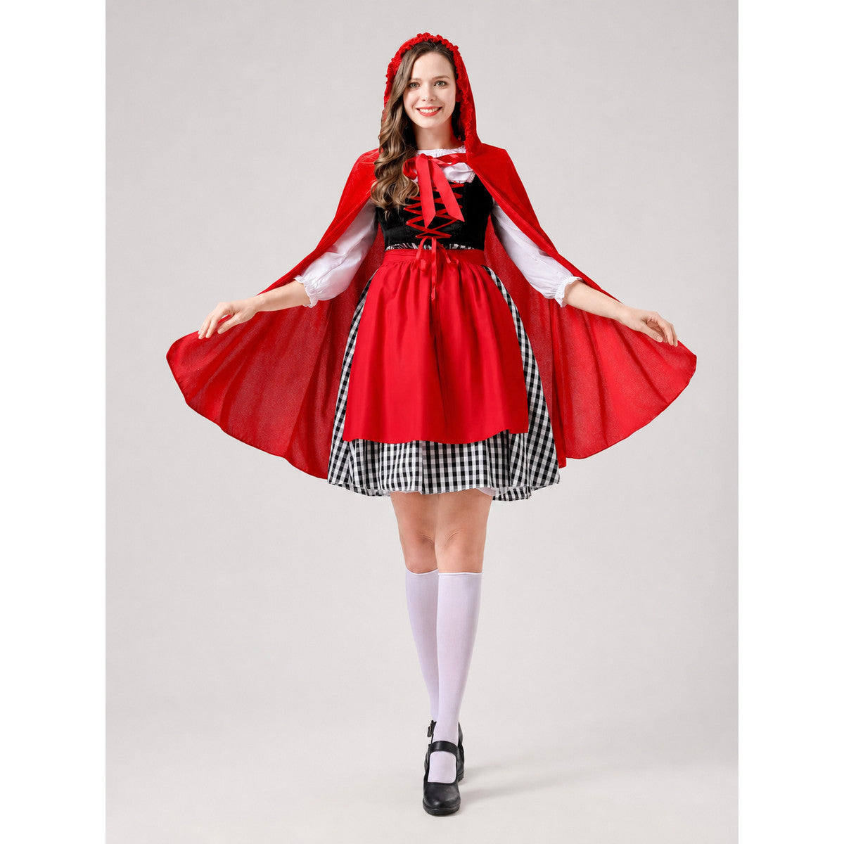 Little Red Riding Hood Carnival Costume with Cloak on-model view