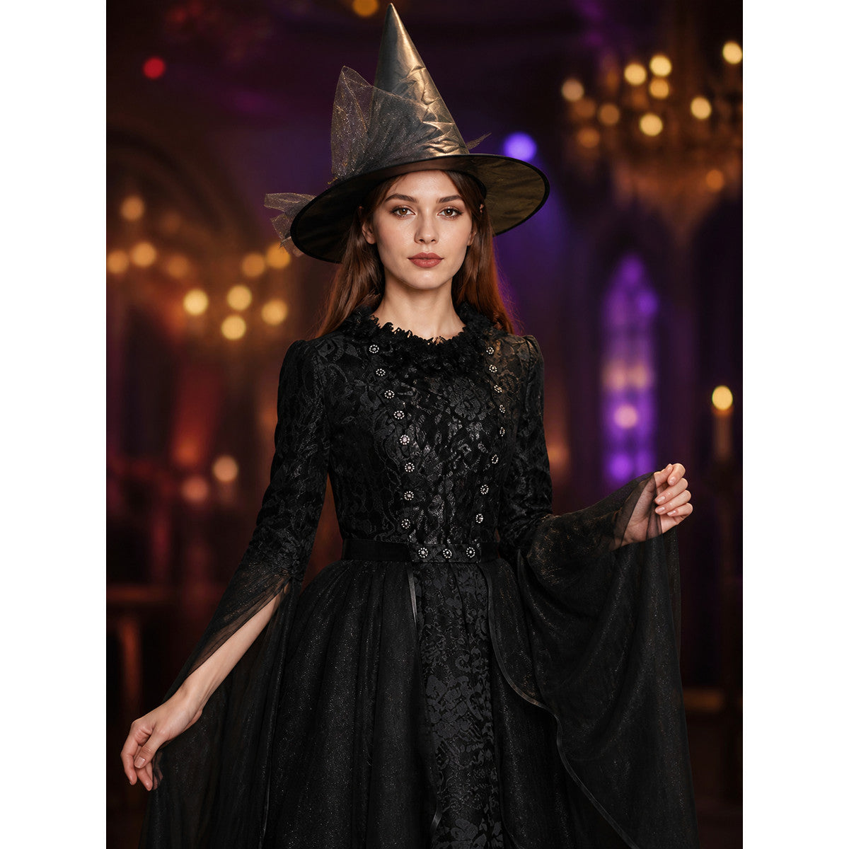 Black Witch Costume Dress with Layered Skirt and Hat, Halloween Outfit on-model view
