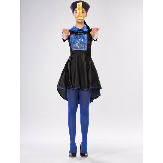 Character Costume: Black Dress with Blue Trim on-model view