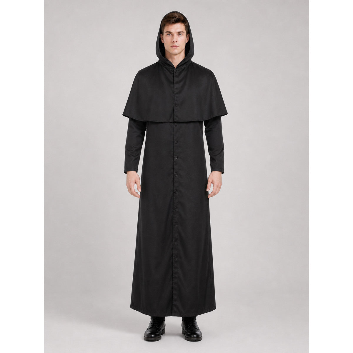 Halloween Costume: Black Hooded Cloak on-model view
