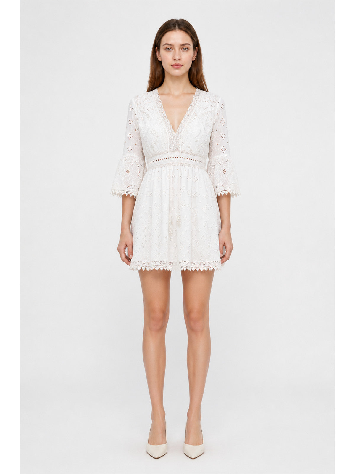 Embroidered Dress with V-Neck and 3/4 Sleeves