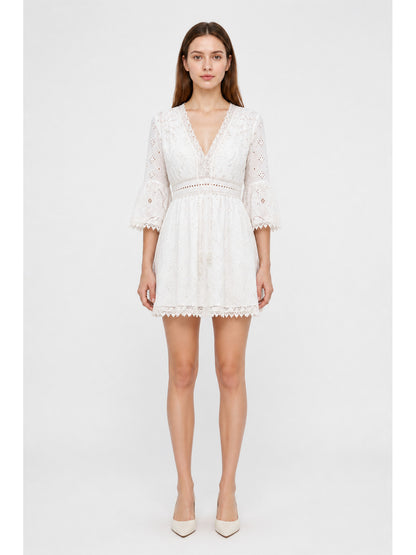 Embroidered Dress with V-Neck and 3/4 Sleeves