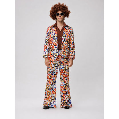 Retro Two-Piece Suit with Colorful Circles and Flared Pants