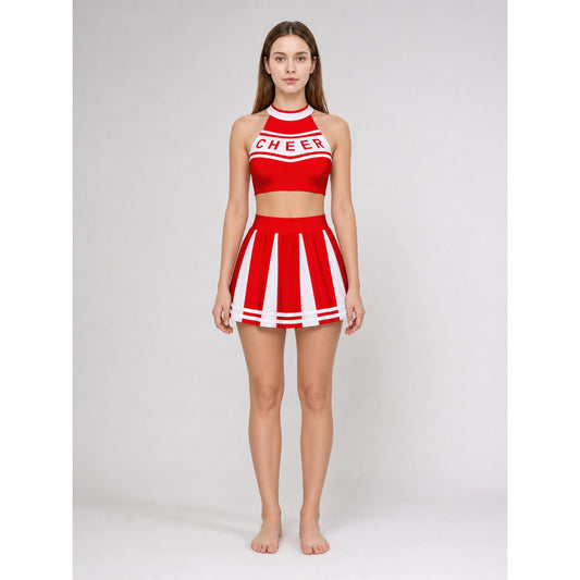 Stage Costume: Red Top and Skirt with White Stripes on-model view