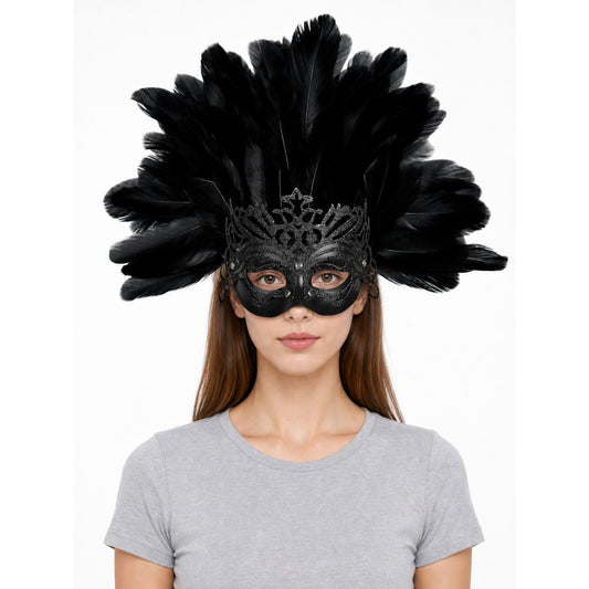 Carnival headpiece with black feathers and a mask