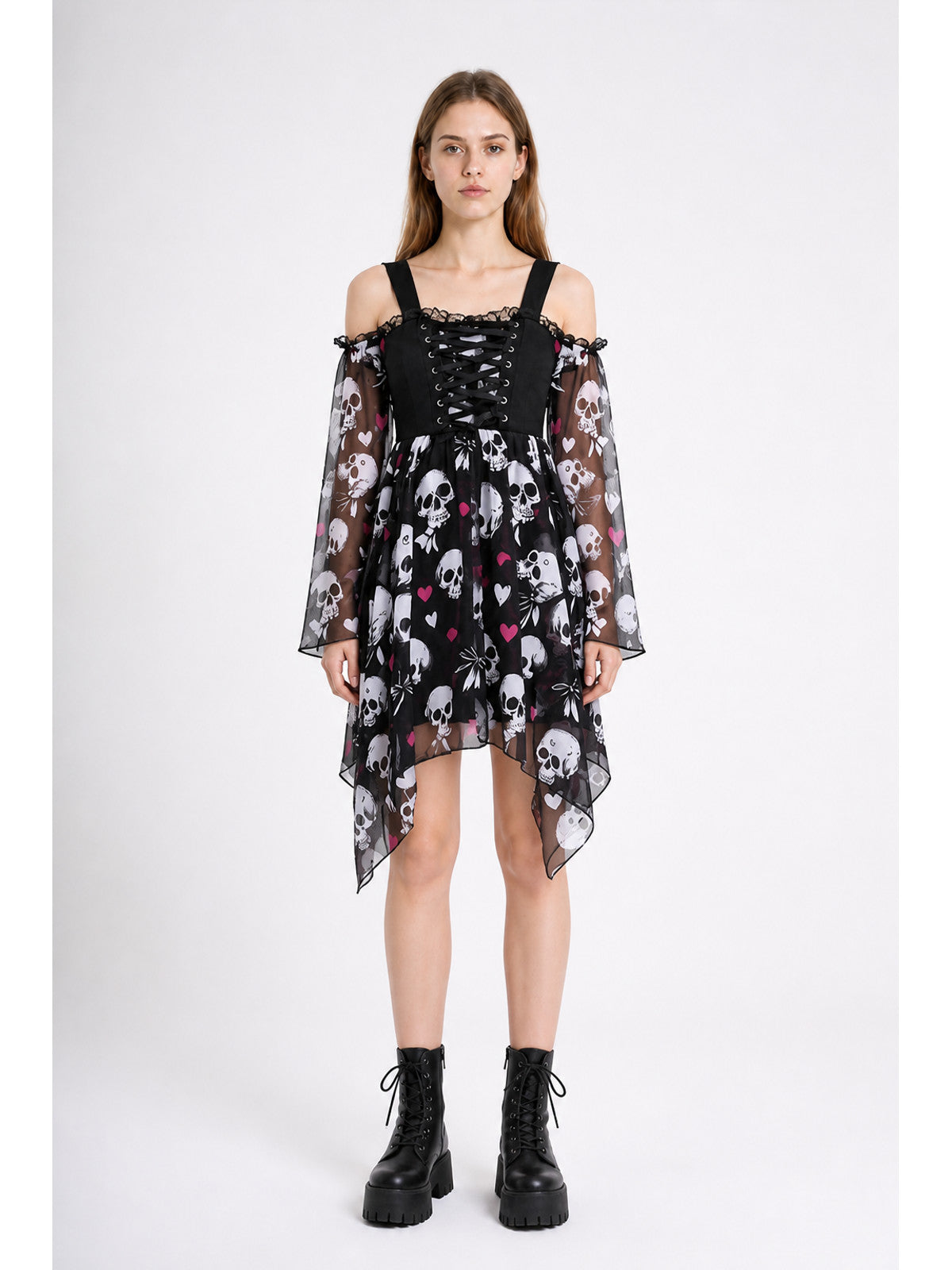 Gothic Skull Asymmetrical Tie-Front Dress