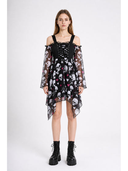 Gothic Skull Asymmetrical Tie-Front Dress