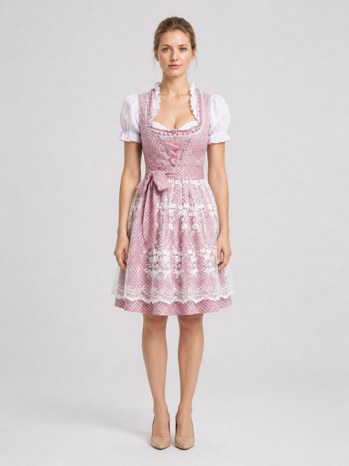 Pink and White Bavarian-Style Lace Dress on-model view