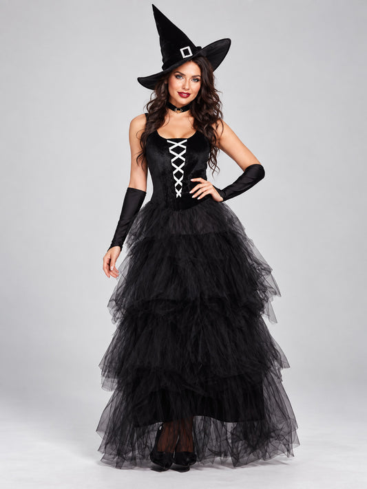 Witch Halloween Costume with Black Dress and Hat