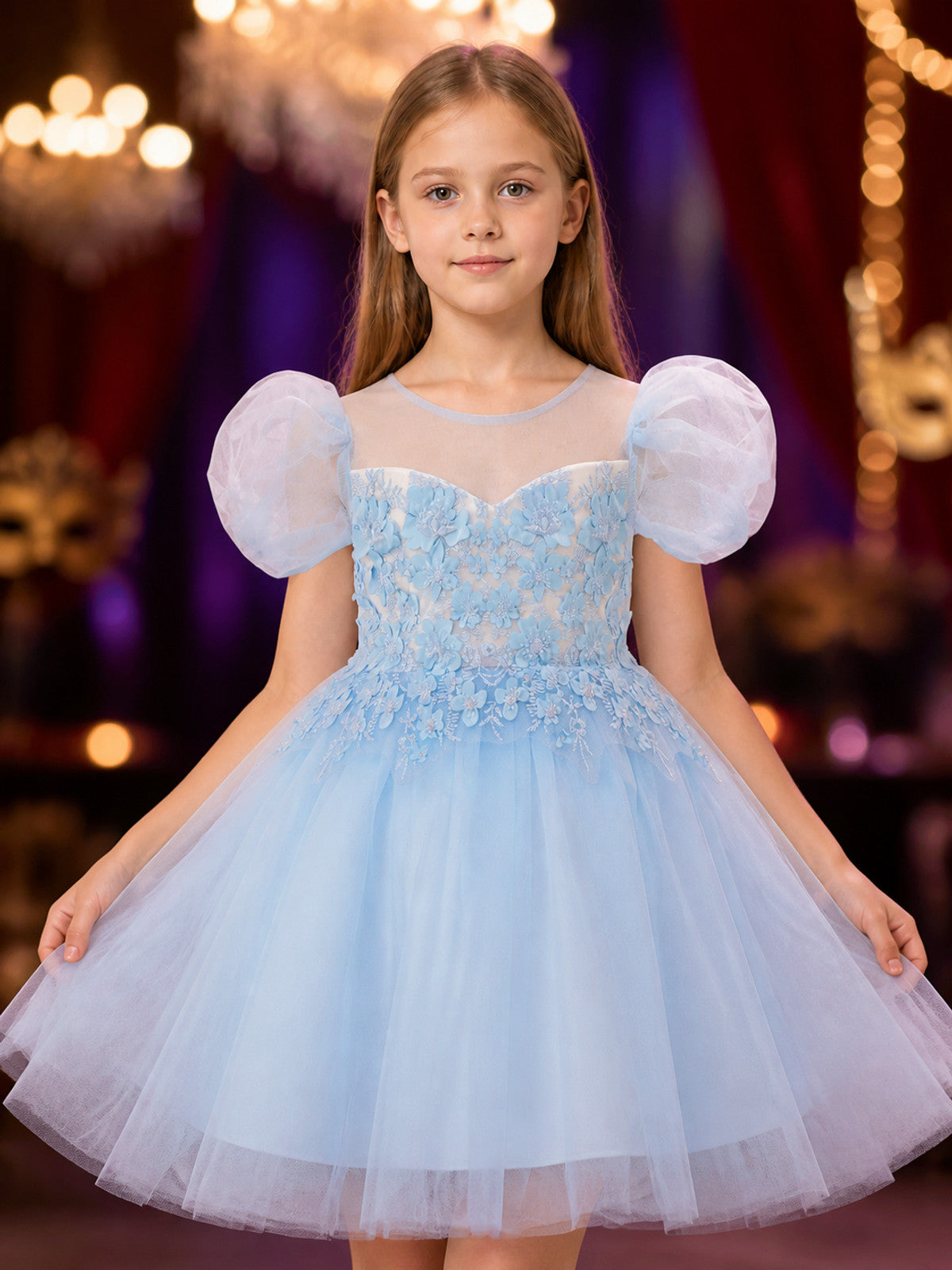 Baby Girls' Princess Party Dress, Sky Blue Tulle Gown With Puff Sleeves And on-model view