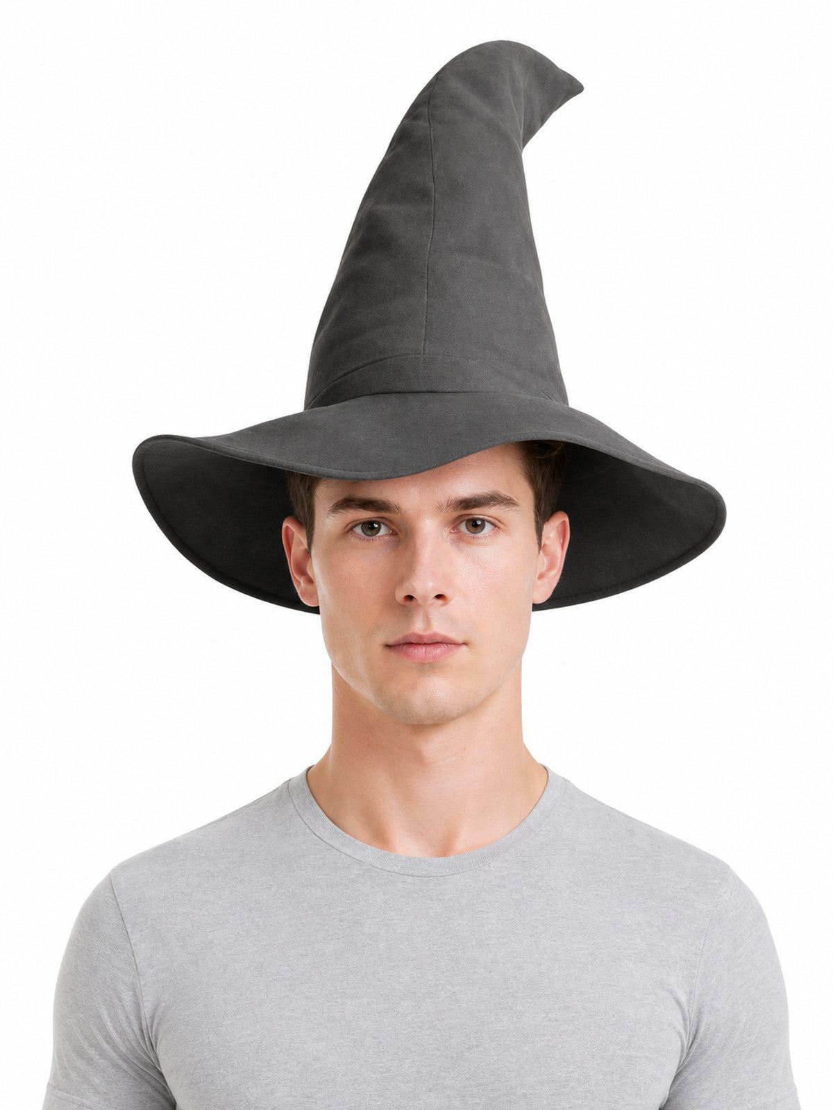 Pointed black fabric wizard hat with a wide curved brim, shown in a front-facing portrait on a male model