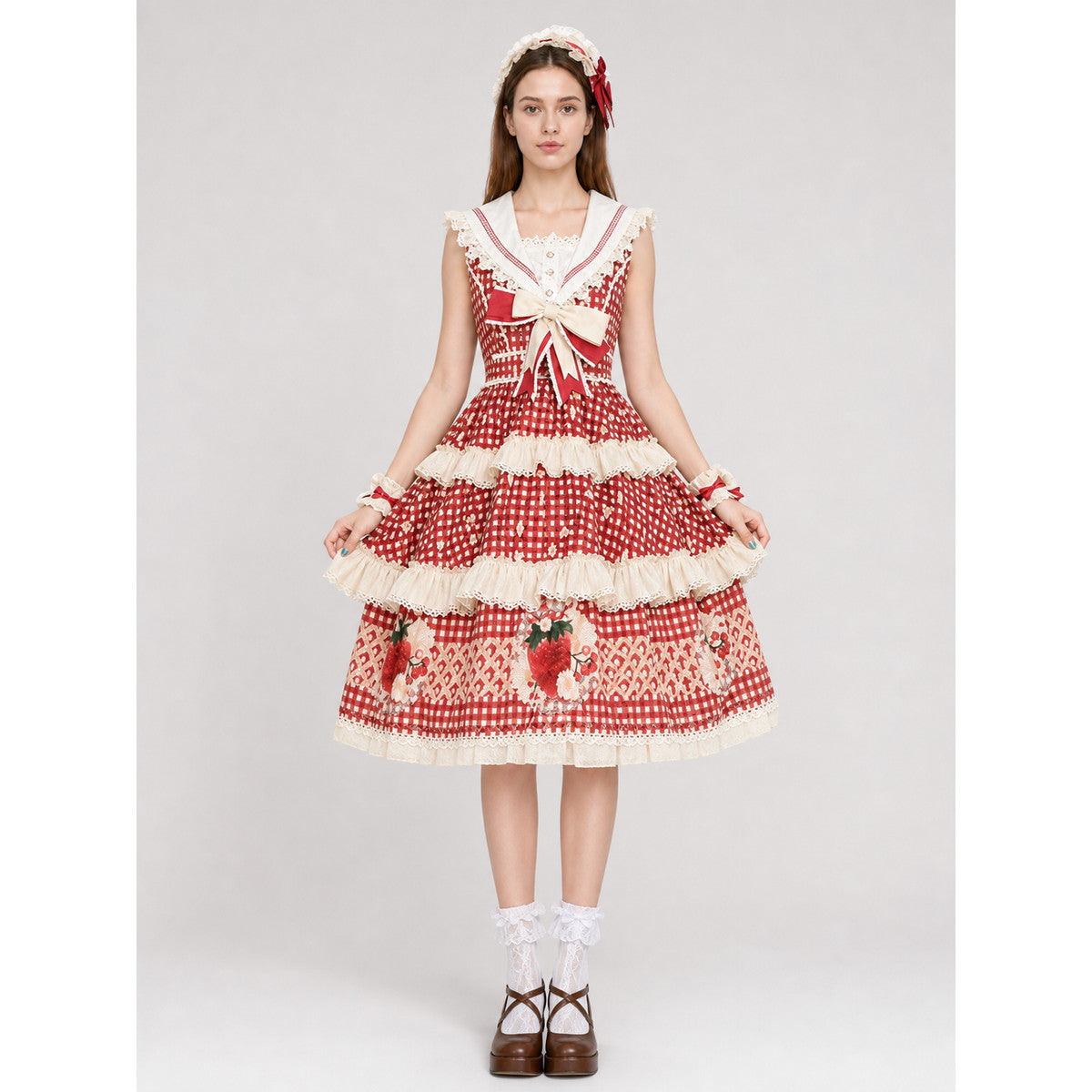 Sleeveless Strawberry Plaid Lolita Dress on-model view