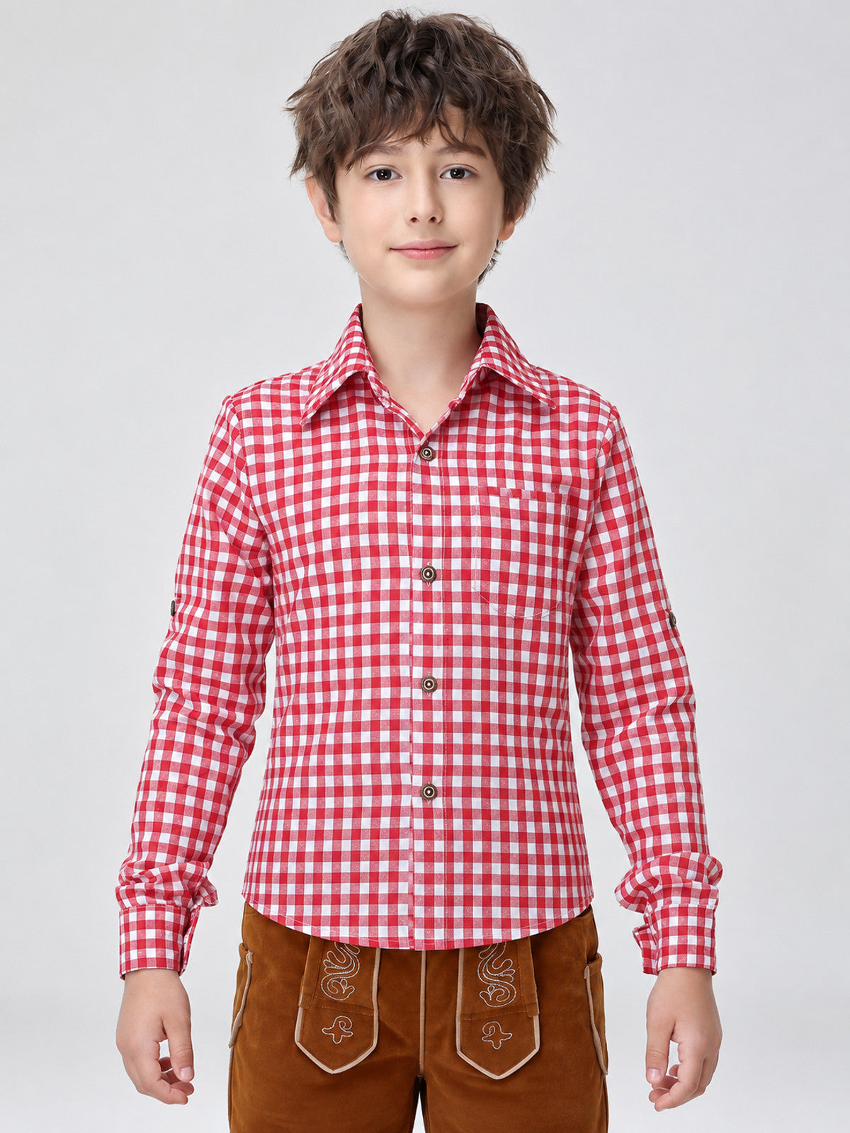 Red and white plaid shirt with a polyester collar