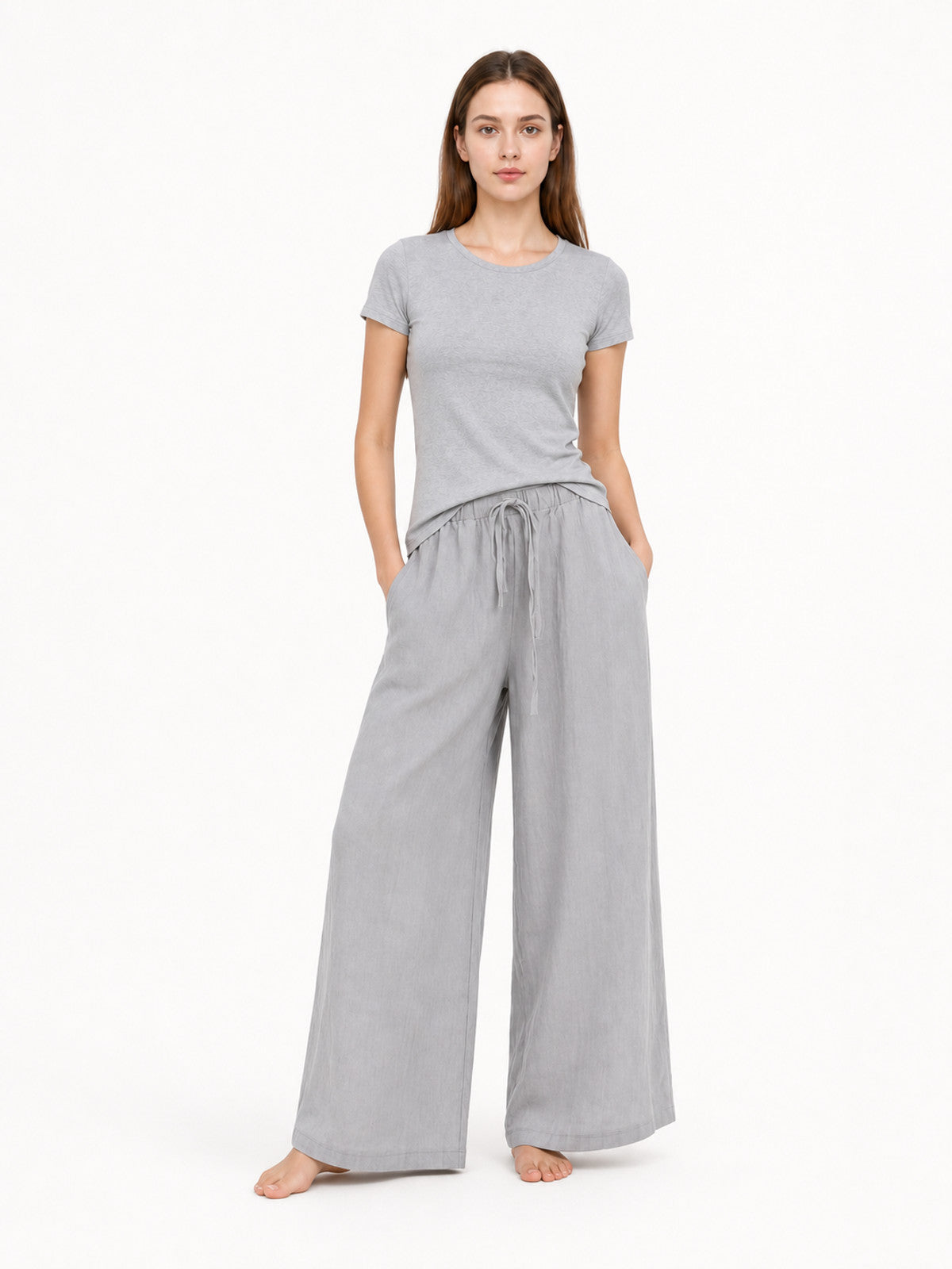 Gray wide-leg jeans with a drawstring and elastic waistband