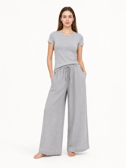 Gray wide-leg jeans with a drawstring and elastic waistband