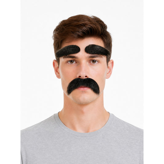 Black hair-like costume moustache and thick eyebrows shown on a front-facing male model against a white background