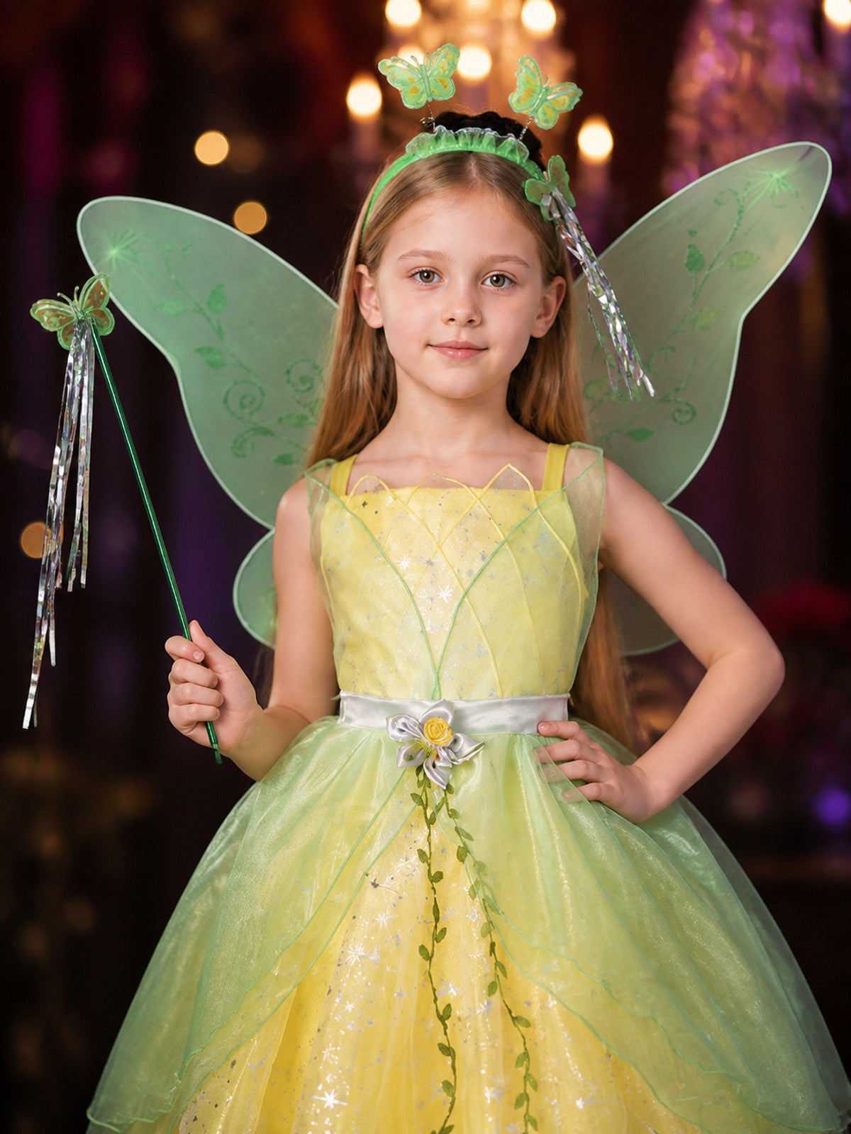 Girls Fairy Princess Costume Set with Wings, Wand, and Headpiece on-model view