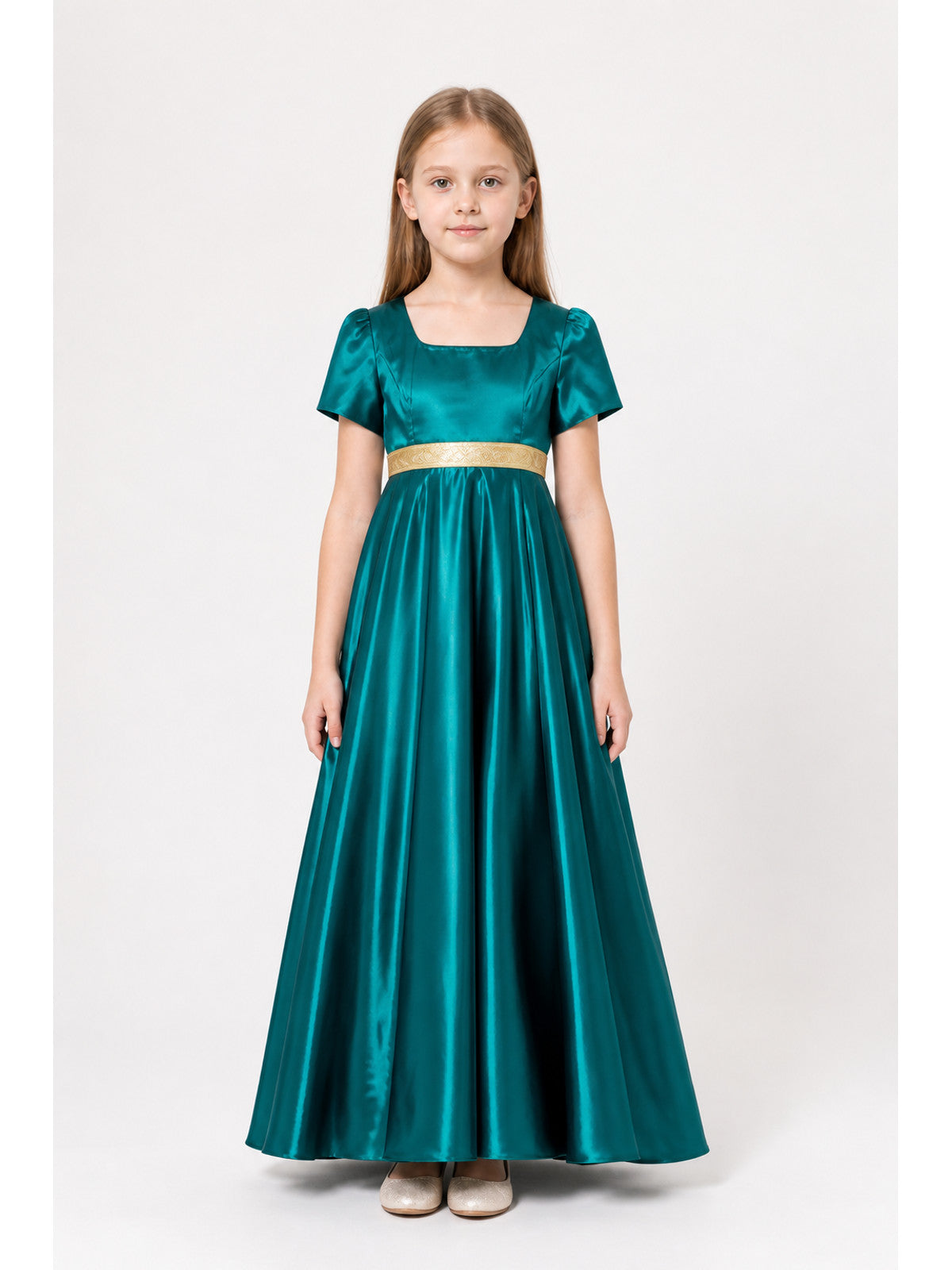 Dress with a Square Neckline, Puff Sleeves, and Belt main product view