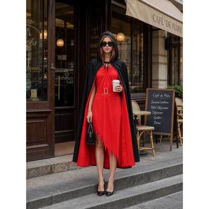 Black-and-Red Vampire Hooded Cloak for Halloween on-model view