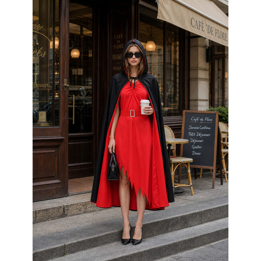 Black-and-Red Vampire Hooded Cloak for Halloween