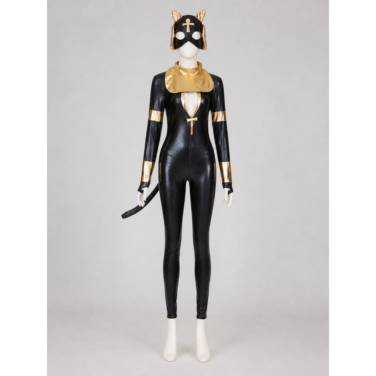 Black and gold jumpsuit costume featuring a cat theme, intended for creating a cosplay and Halloween look. The design is a one-piece construction with long sleeves and full-length pants, complemented by decorative elements in black and gold