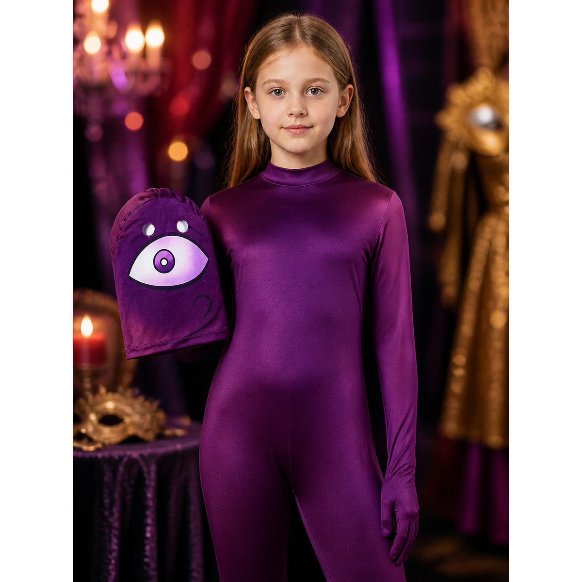 Purple eye costume jumpsuit shown on a child model holding the single-eye hood, close-up