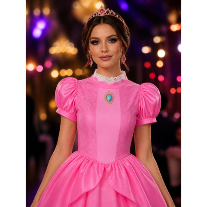 Girls Princess Peach Costume Dress Set - Pink Puffy Ball Gown with Crown and on-model view
