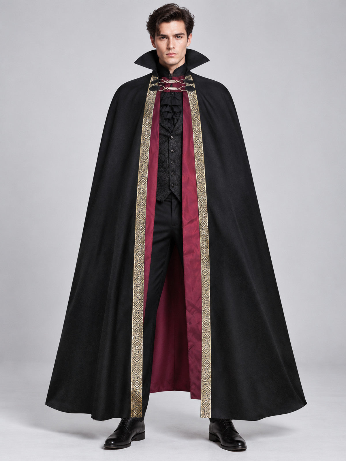Long Black Cosplay Cloak with Burgundy Lining