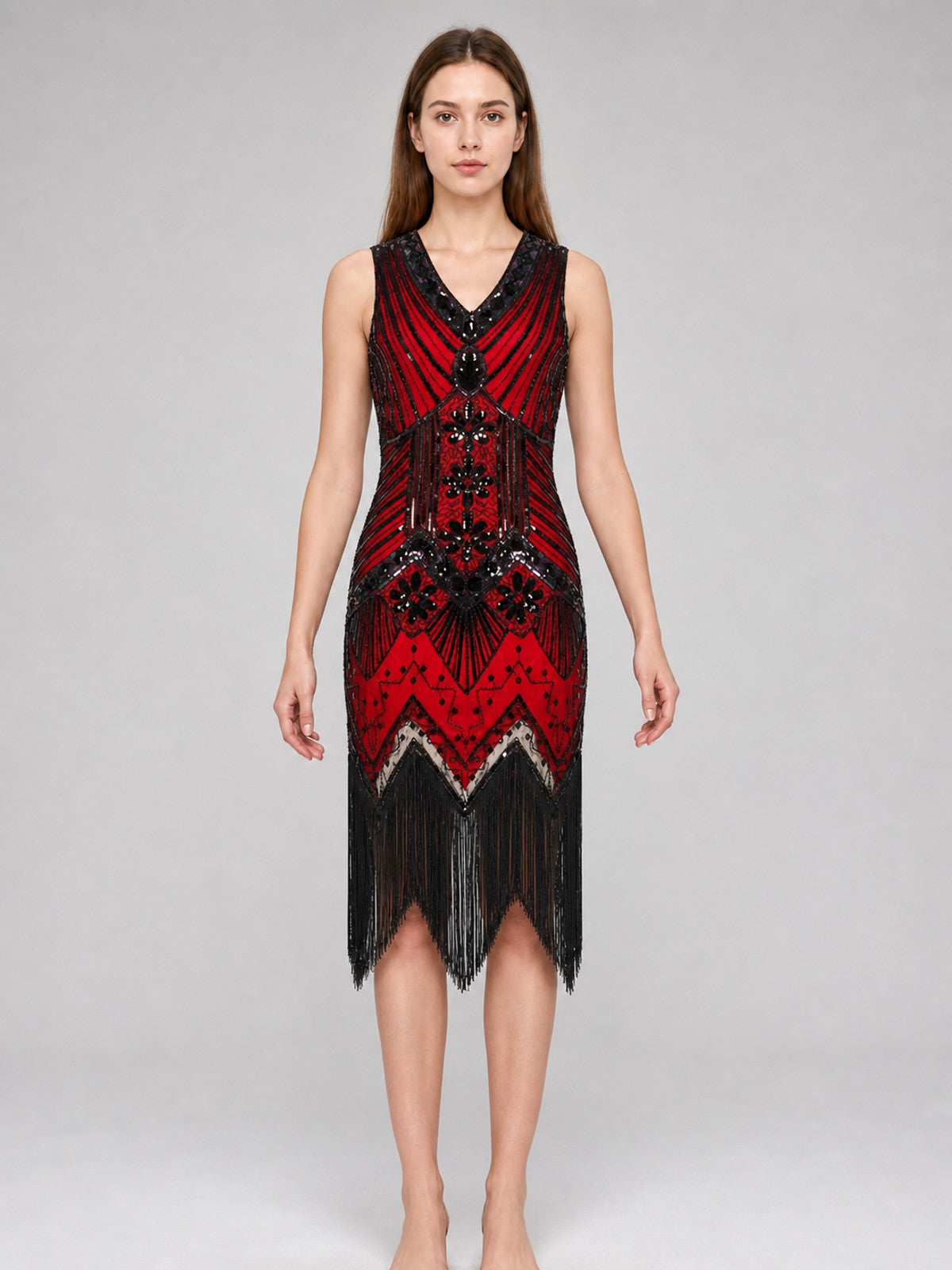 Gatsby-Style Fringe and Sequin Dress front view