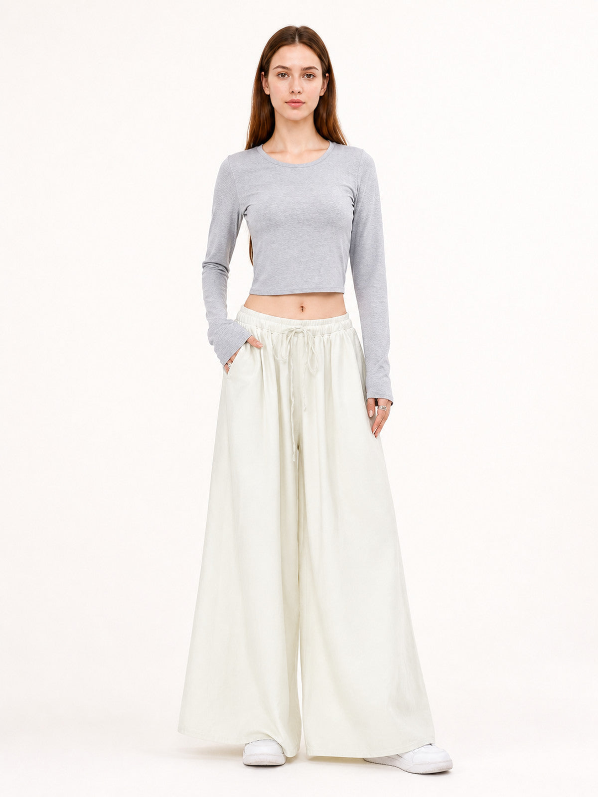 White high-waisted wide-leg drawstring pants product view 11