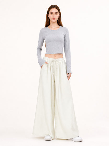 White high-waisted wide-leg drawstring pants product view 11