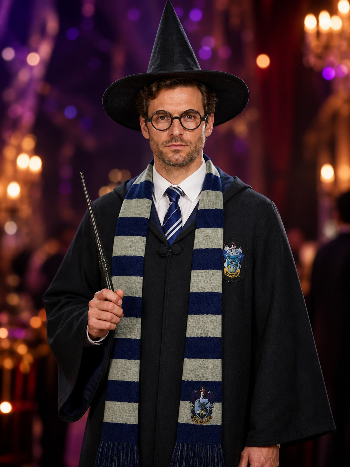 Wizard Costume Set with Robe, Hat, Glasses, Wand, Scarf and Tie on-model view