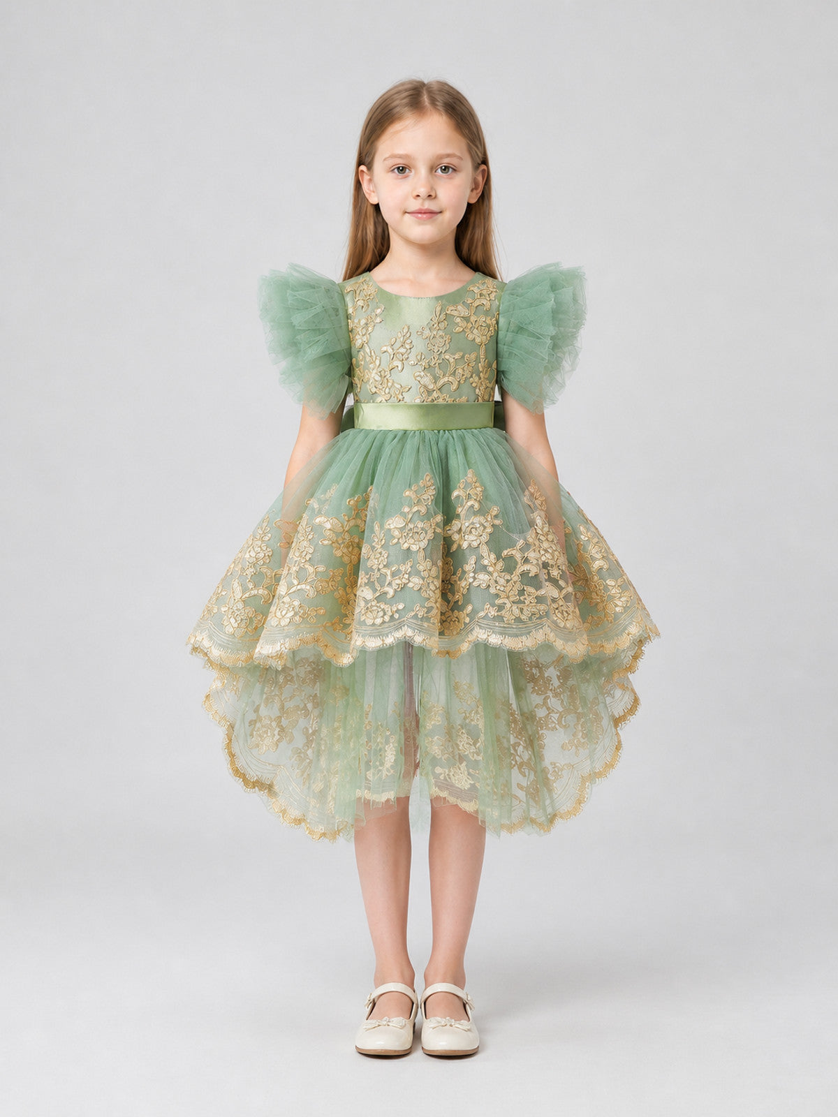 Tutu Dress with Wings, Gold Embroidery, and Train on-model view