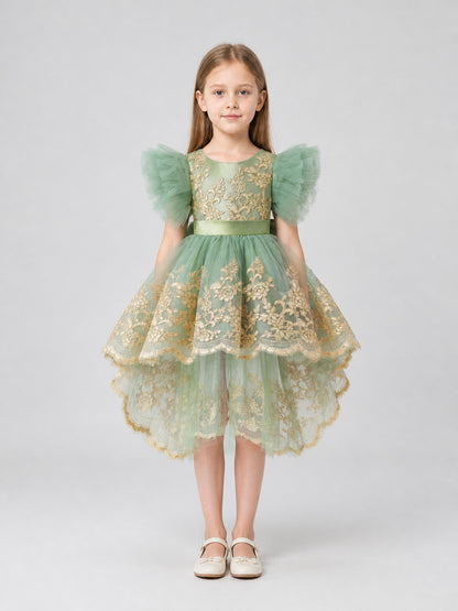 Tutu Dress with Wings, Gold Embroidery, and Train on-model view