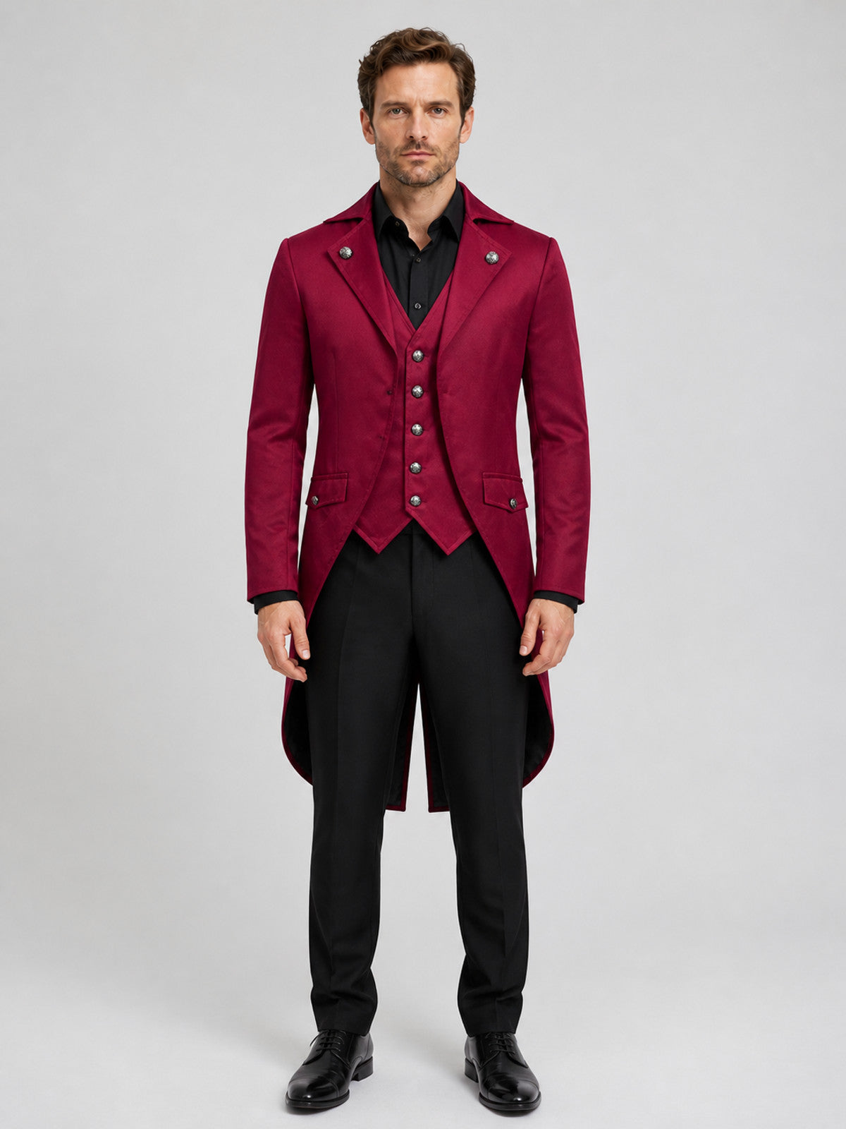 Stage Tailcoat for Halloween and Cosplay, Wine and Black on-model view