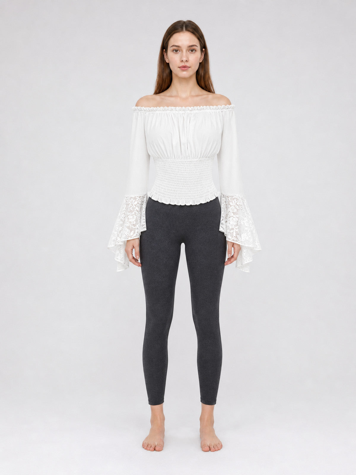 White Off-Shoulder Blouse with Ruffles front view