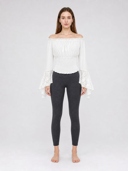 White Off-Shoulder Blouse with Ruffles front view