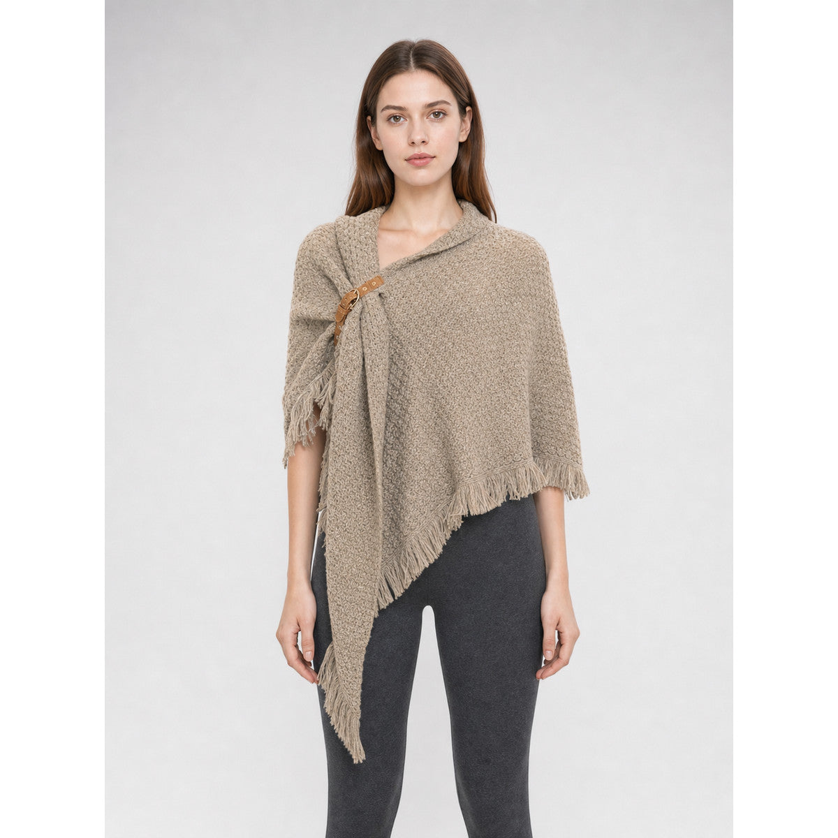 Triangular Wool Shawl with Fringe, Milk Coffee