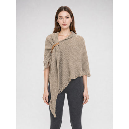 Triangular Wool Shawl with Fringe, Milk Coffee