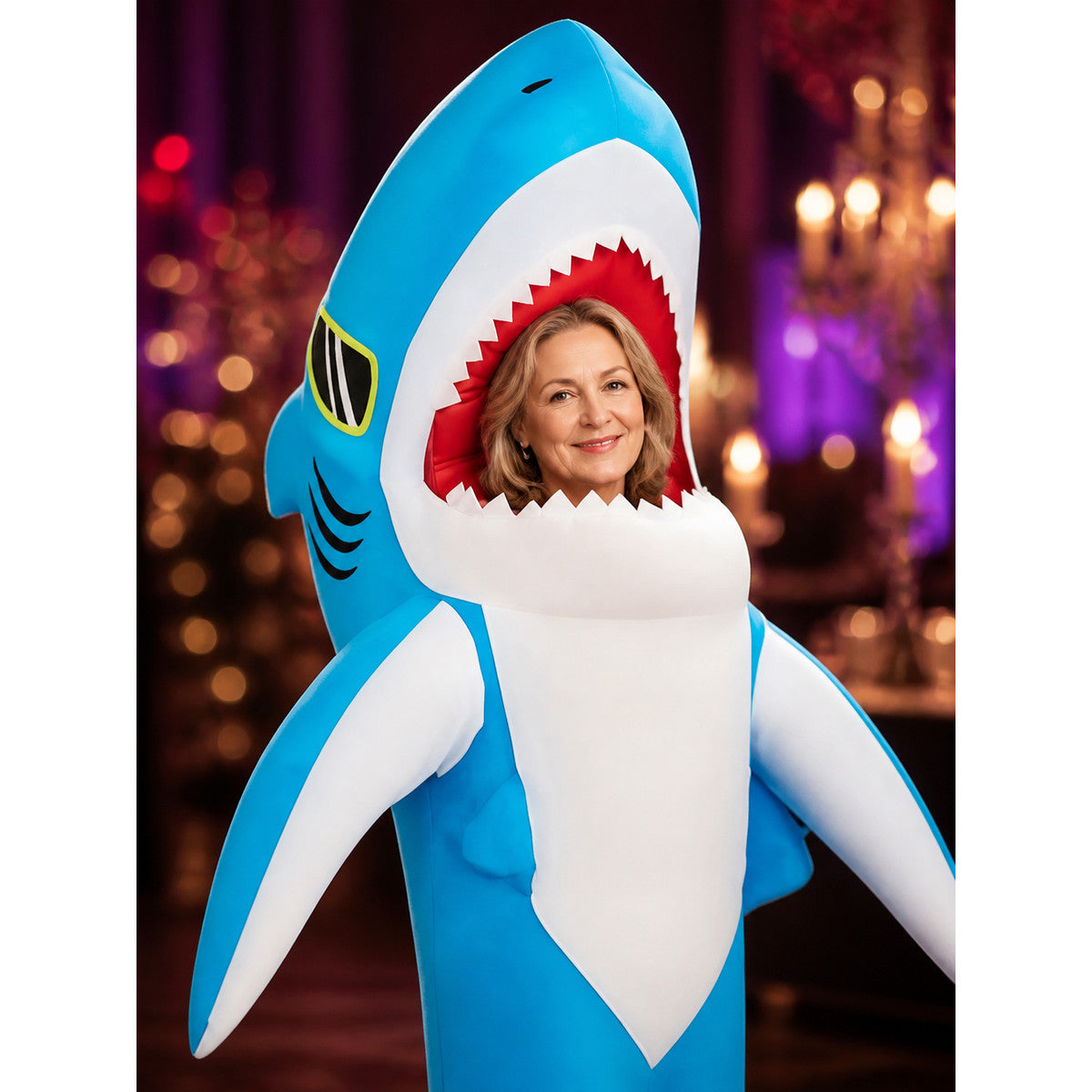 Shark Costume Jumpsuit with Headpiece and Fins, Halloween Outfit for Adults on-model view
