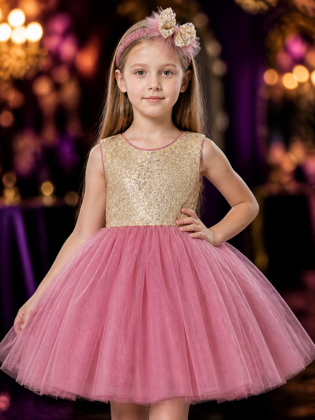 Girls' Sequin Princess Tulle Flower Girl Dress, Sleeveless A-Line Full Skirt on-model view