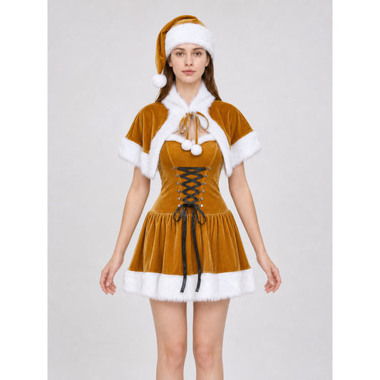 Christmas costume: dress, cape, and hat front view