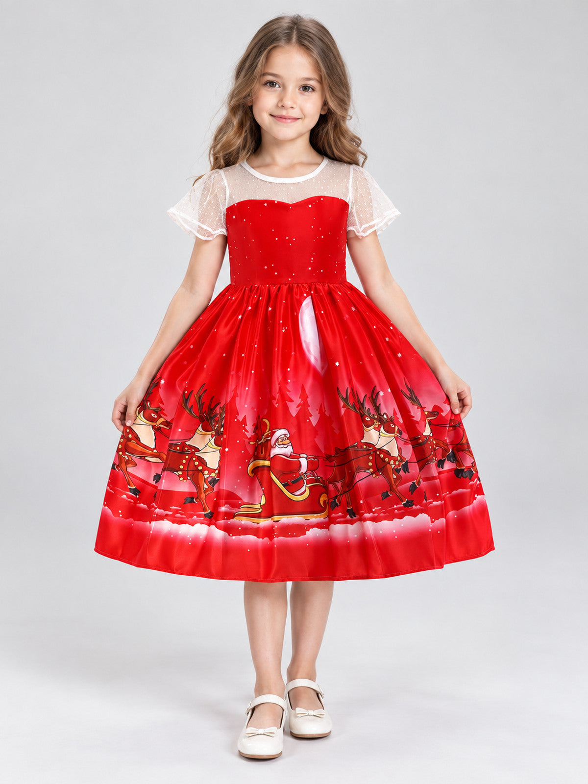 Girls' Holiday Dress with Snowflakes and a Full Skirt on-model view