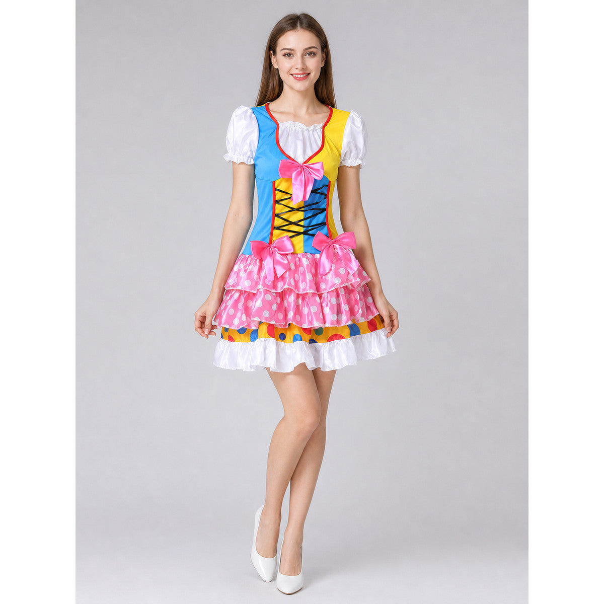 Carnival Clown Costume with Skirt and Lacing on-model view