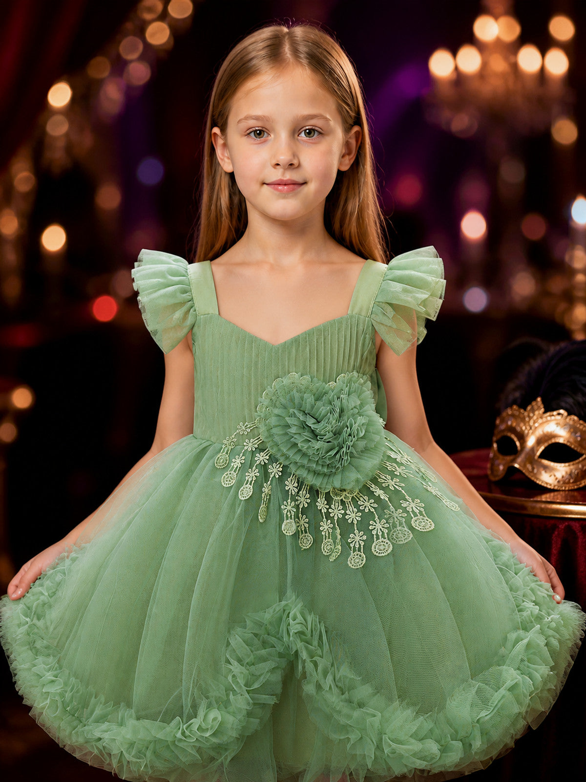 Baby Girls Flower Girl Princess Dress, Layered Tulle Skirt, Ruffle Sleeves and on-model view