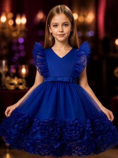 Toddler Girls' Blue Princess Dress, Ruffled Tulle Party Gown with Bow on-model view